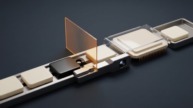 Automated optical inspection conveyor belt sorting microchips and detecting defective components with computer vision technology in modern industrial line