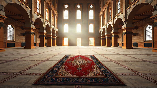 The vast interior of a grand mosque with an ornate carpet and serene light.