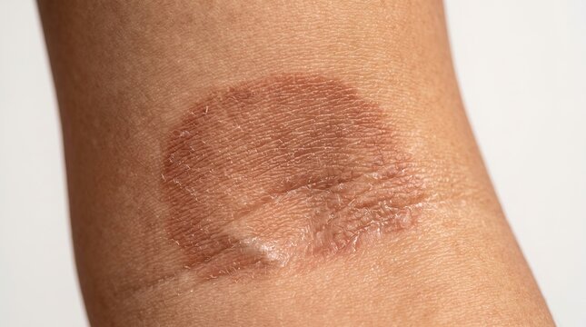 Ringworm tinea corporis fungal infection on human arm, round scaly red patch skin condition.