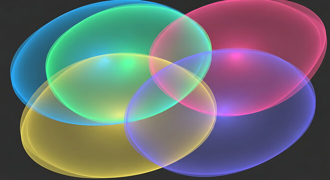 Abstract overlapping translucent colorful spheres on a dark grey background
