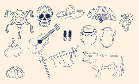 Mexican and Spanish culture doodle set with pi&ntilde;ata, sugar skull, guitar, sombrero, and bull line art vector illustration