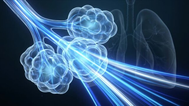 肺胞の拡張と毛細血管でのガス交換プロセスを可視化した医療用3DCG背景