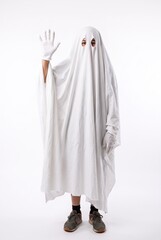 Naklejka premium A person dressed as a ghost is waving their hand. The setting has an autumn theme, with a simple white background. The ghost costume is made of a white sheet with a friendly gesture