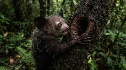Fototapeta premium Aye-aye primate with large ears clings to a mossy tree trunk in a lush forest