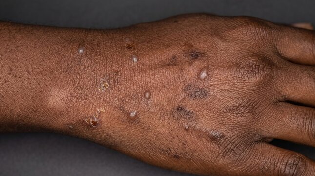 Mpox monkeypox viral infection vesicles and crusts rash on the hand and wrist of a dark-skinned patient.