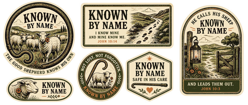 Vintage Christian stickers with sheep and scripture quotes featuring the Good Shepherd theme in a rustic woodcut engraving style with pastoral illustrations