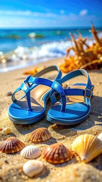 A pair of blue sandals rests on a sandy beach with seashells and the ocean in the background.