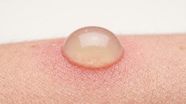 Close up of clear fluid filled blister on human skin, second degree burn, friction injury or allergic reaction