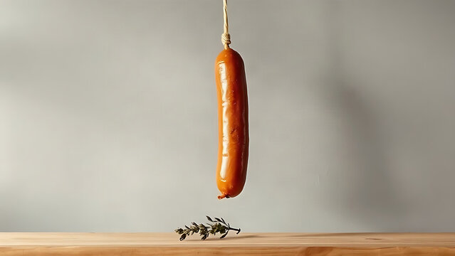 Glossy saucisson sausage hanging on cord against wall, premium deli meat display
