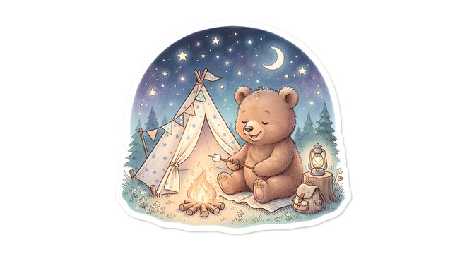  Cozy camping tent under a starry night sky with a cute bear and campfire