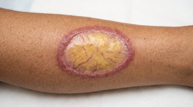 Close up of severe skin infection with yellow pus and red inflamed border, skin ulcer, impetigo or staph infection