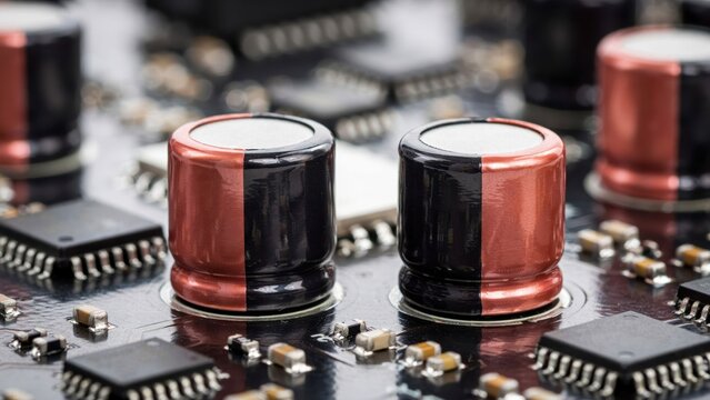 Macro view of aluminum electrolytic capacitors on a black printed circuit board. Ideal for electronics engineering and computer hardware industry technology concepts.