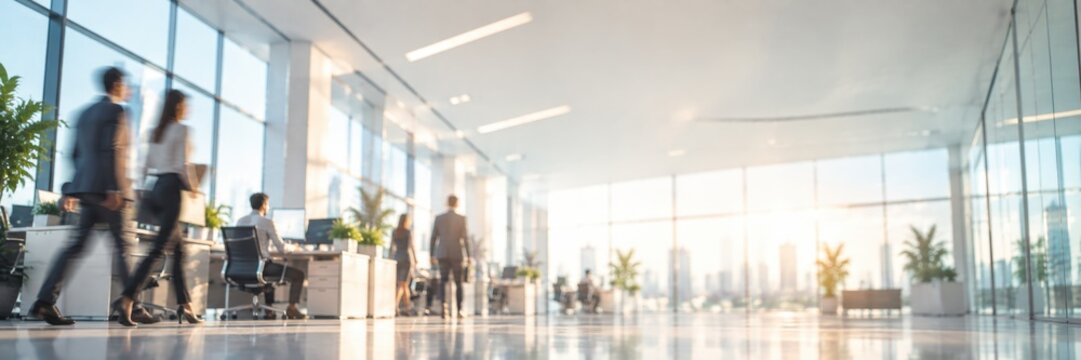 Business Professionals Walking in Bright Modern Open Office with City View