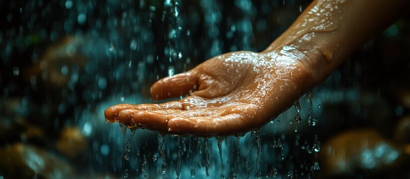 A person hand cupped catching fresh rain water in nature.