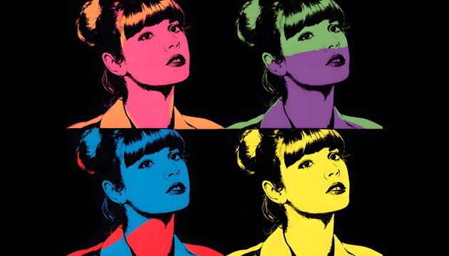 Pop Art Woman Portrait 2x2 Grid Background, Retro Colorful Silhouette Screen Print Poster Vecto