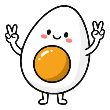cartoon cute egg with peace hand gesture character flat color vector illustration template design
