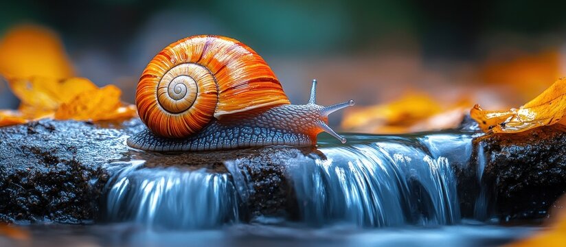 A snail crawling over a small waterfall in autumn.
