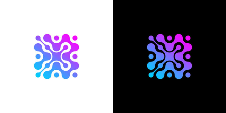 Abstract digital network logo design with gradient colors on white and black backgrounds