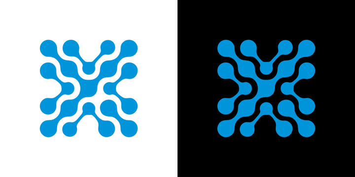 Abstract tech network square logo with gradient connecting nodes on white and black background