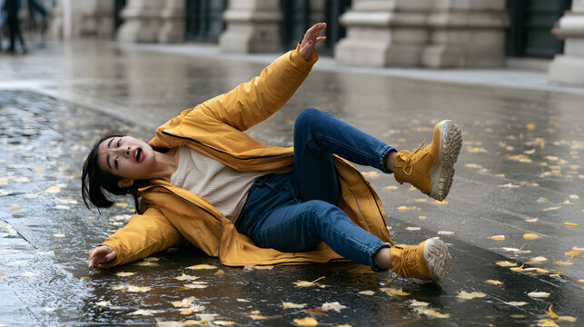 Asian woman slipping and falling on a wet city sidewalk during a rainy autumn day. Concept of slippery, slip and fall, slippery ground, falling down, accident, street accident, wet pavement. Copy spac