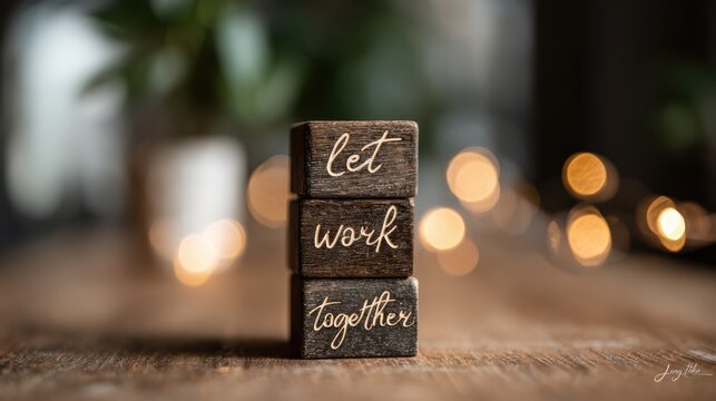 Rustic handwritten quote on wooden blocks, bokeh candle lights on table, warm cozy lifestyle motivation decor photo