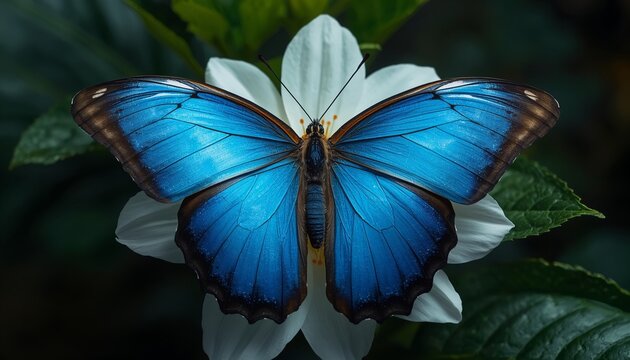 Blue morpho butterfly on white flower exotic nature concept background
