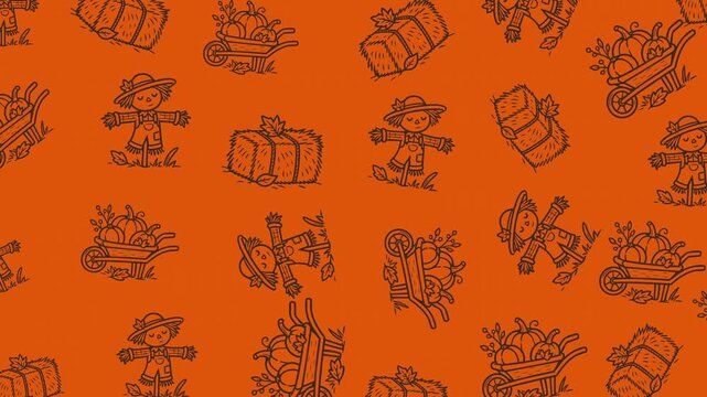 Autumn farm doodle pattern with scarecrow, hay bale and pumpkin wheelbarrow. Seamless loop, dark line art on orange background.