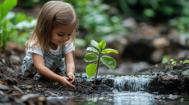 Little girl planting a young green sapling near a small stream.