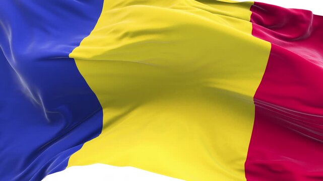 Romania flag waving and swirling, looping Close-up camera angle with transparent background, with alpha matte layer for transparency in the background.