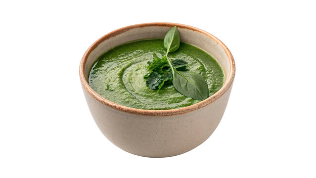 Round ceramic bowl packed with fresh green cream spinach soup isolated on transparent background
