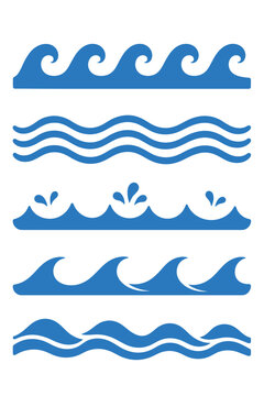 Blue ocean wave vector icon set featuring various styles of sea waves, water splashes, and ripples for marine graphic design and summer beach branding
