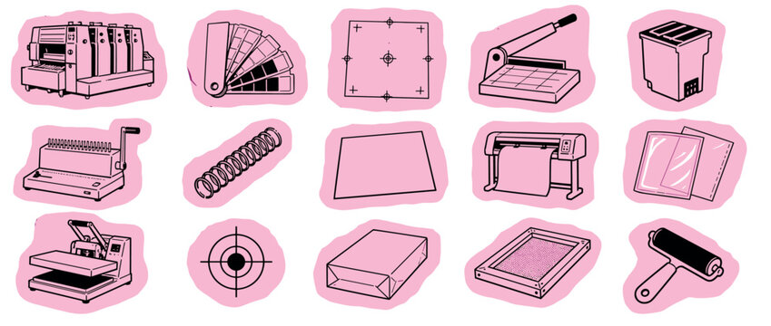 Printing industry equipment and tools icon set featuring offset press color swatch paper cutter binding machine plotter heat press and screen printing accessories in doodle style