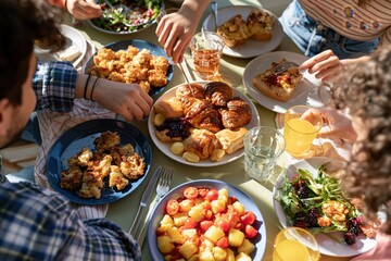 Fototapeta premium Teen friends sharing food and drinks together at sunny brunch table