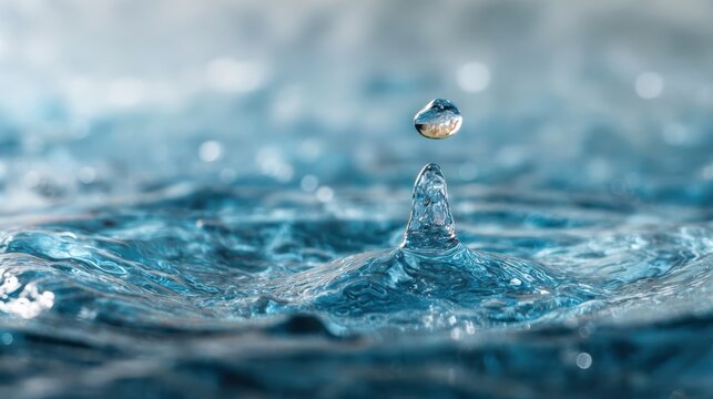 Macro water splash with rising droplet, blue liquid ripple background, abstract freshness texture for nature and purity