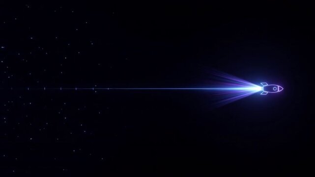 光の宇宙ロケットアイコンが水平ライン上を高速移動するホログラムCG背景