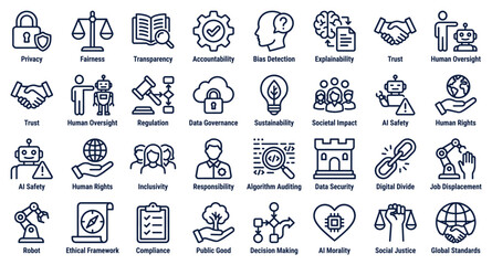 Fototapeta premium Artificial intelligence ethics and governance line icons representing concepts like privacy, fairness, transparency, accountability, trust, safety, and digital responsibility
