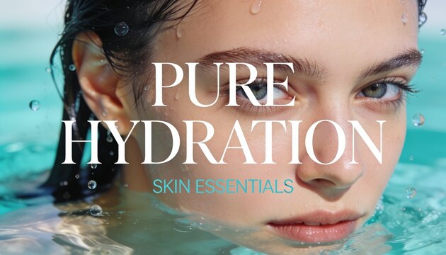 Beauty portrait featuring luminous hydrated skin, wet hair and realistic water droplets suspended around the face, styled in a bright turquoise and ivory palette with premium skincare typography.
