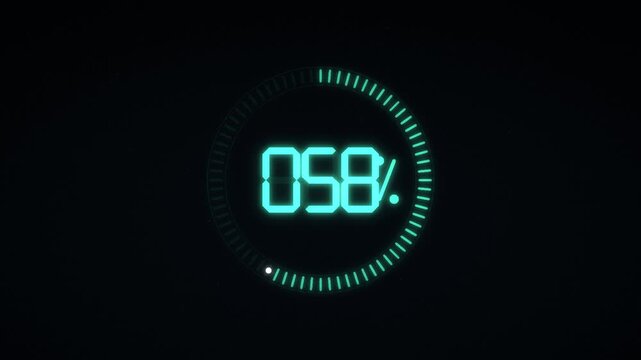 Futuristic digital loading bar with percentage counter. Neon cyan circular progress indicator on black background. Sci-fi HUD interface element.