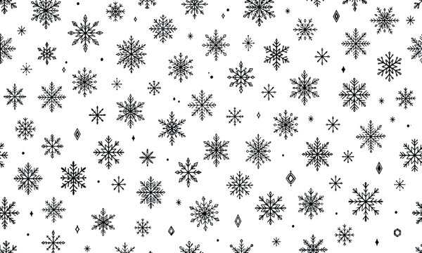 Minimalist black snowflake seamless pattern on white background, geometric winter snow vector texture, elegant christmas holiday wrapping paper design