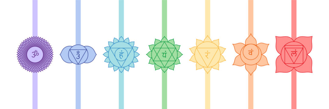 Seven colorful chakras with Sanskrit symbols as a chakra system, colorful chakra line art symbols set