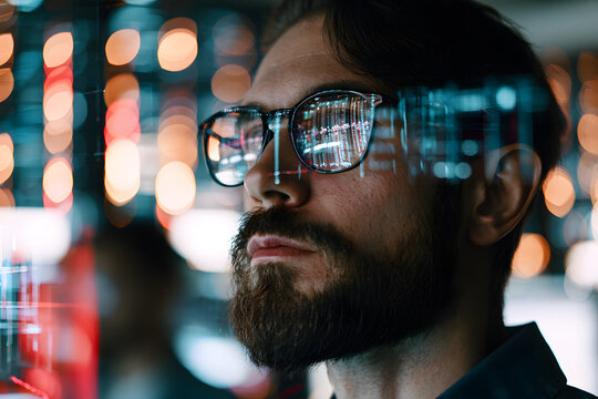 Technology Specialist with a focus on system monitoring using a digital dashboard, whose presence is reflected across the office. Software engineer concentrating on system analytics with a digital dat