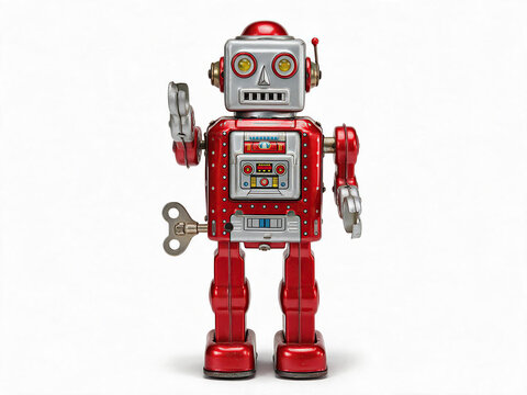 1950s vintage mechanical wind-up lithographed tin robot toy with metallic red and silver finish, mechanical arms, and winding key, isolated and centered product on pure white background.
