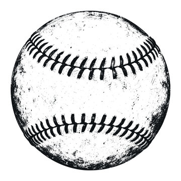 Hand drawn baseball illustration with grunge texture features a classic sports ball with detailed stitches and a distressed vintage ink sketch style for athletic designs