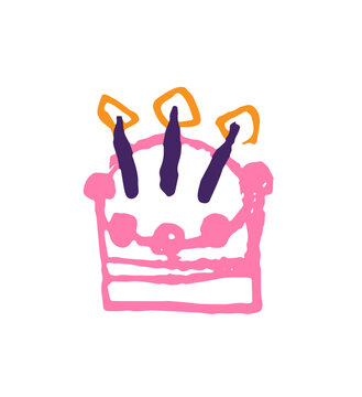 Hand drawn kids icon of birthday cake with crayons. Child doodle of cake with candles. Chalks scribble of children birthday element. Hand drawn crayon scribble. Kids doodle for holiday celebration
