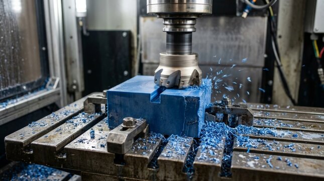 Industrial milling machine operating with cnc machine coolant to shape a blue plastic block, sending metal chips flying in a workshop setting with precision mechanics and lighting
