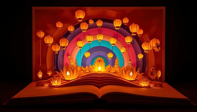 3D paper cut art pop-up book diorama of Yi Peng lantern festival with floating lanterns and retro pop art background