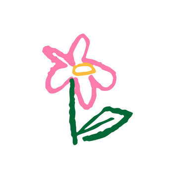 Cute crayon flower with leaf. Kids doodle of wildflower with pastel chalks. Child hand drawn icon on flower. Children scribble of nature with crayons. Kids doodle blooming plant. Pencil scribble