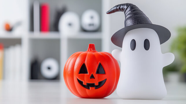 Cute Halloween scene featuring friendly ghost wearing witch hat next to carved pumpkin, evoking festive atmosphere