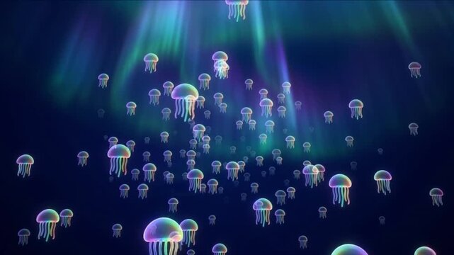 虹色に輝くミニマルなクラゲアイコンが深海空間を漂い前進する抽象CG背景