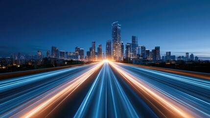Obraz premium Stunning Night Skyline with Light Trails from a Busy Road and Modern Skyscrapers in a Vibrant Cityscape